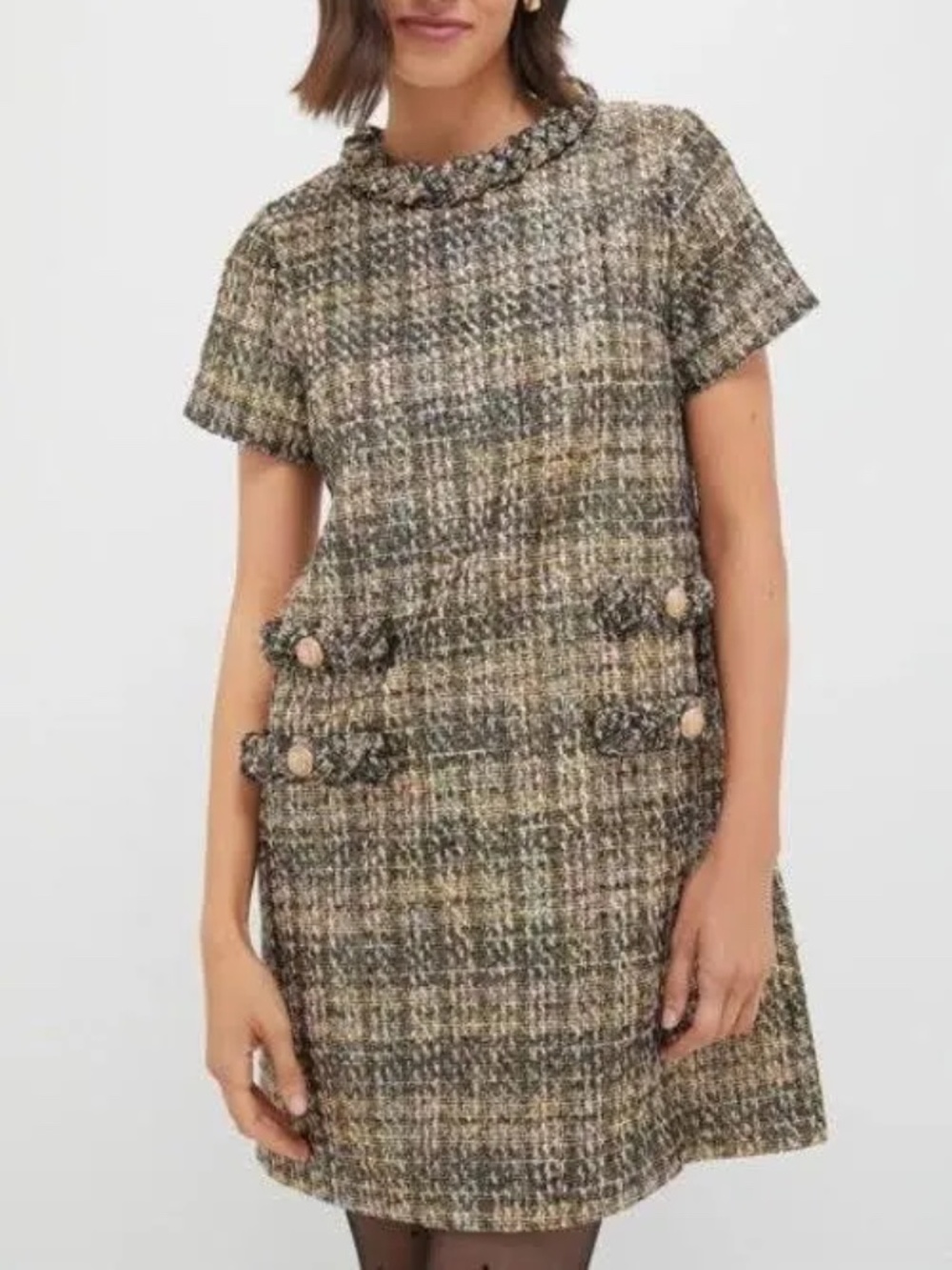 NWT Tuckernuck Jackie Gold and Gray Tweed Short Sleeve Dress Size L Preppy!